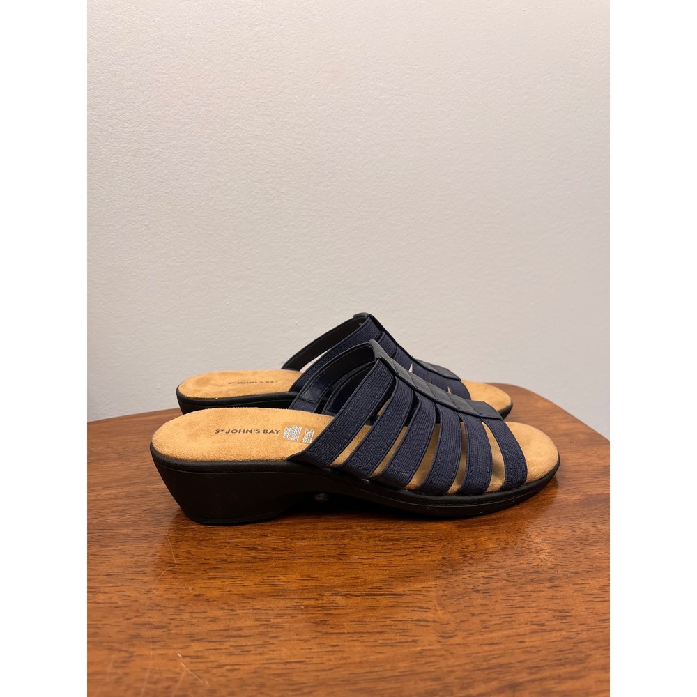St Johns Bay Womens 7M Navy Elastic Slide Sandals Comfort Wedge Slip On